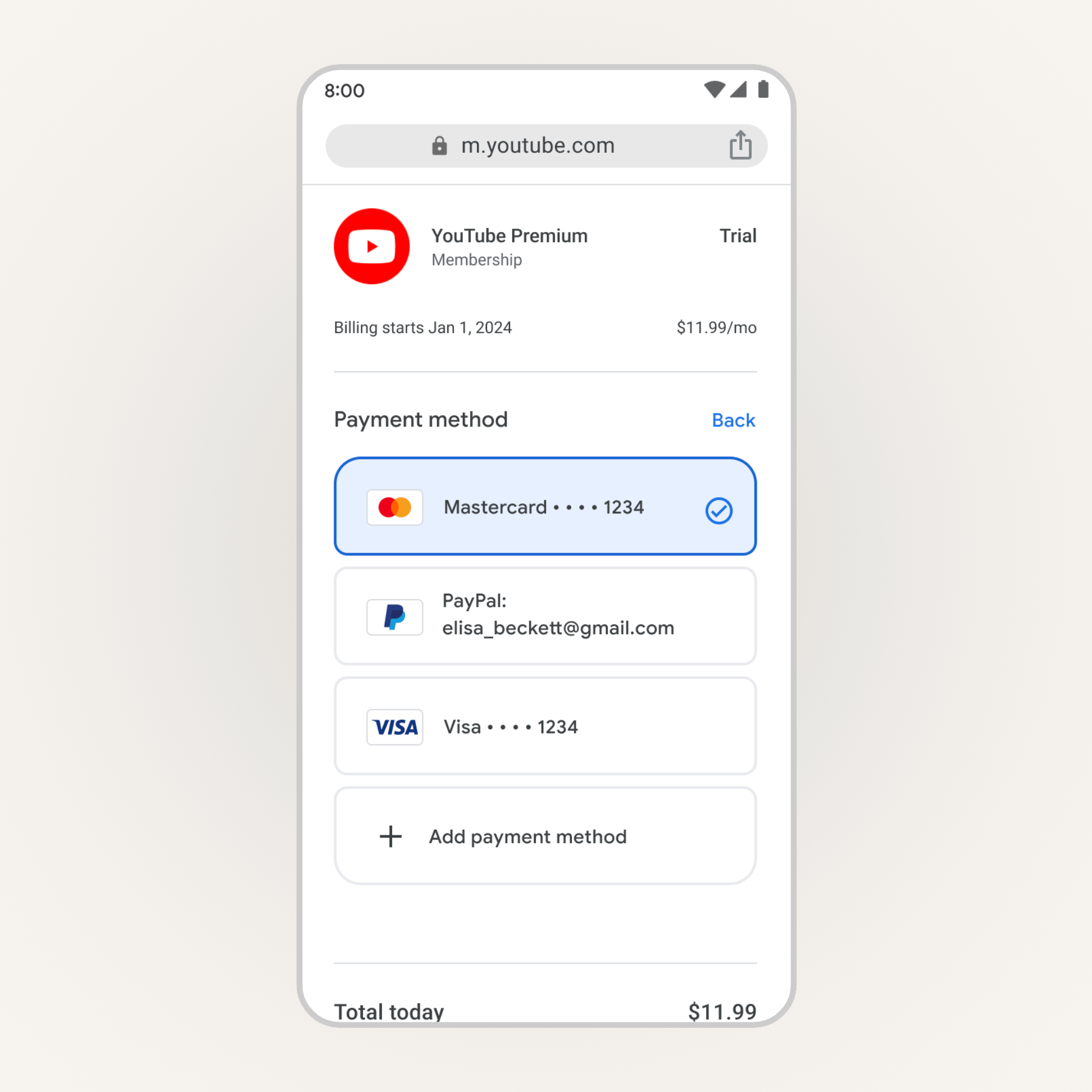 Form of payment selection